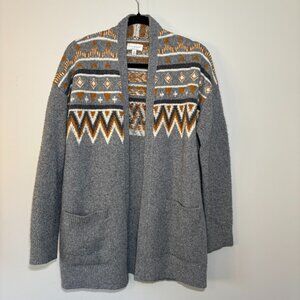 Lucky Brand Fair Isle Open Front Cardigan Cozy Boho Gray/White/Mustard, Medium